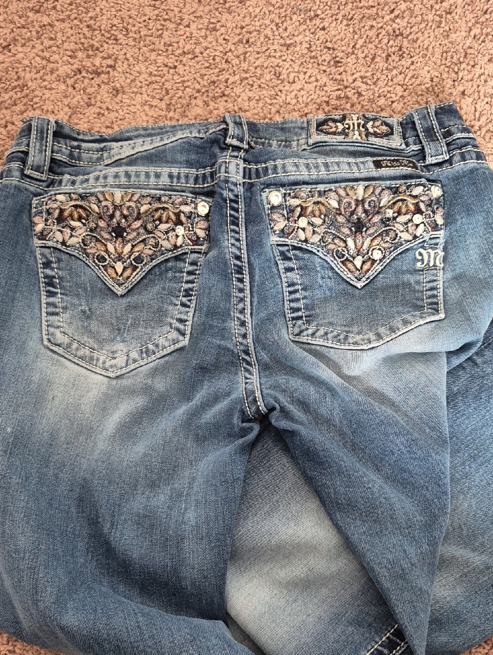 Miss Me Light Blue Boot Cut Jeans with Beaded Embellished Pockets